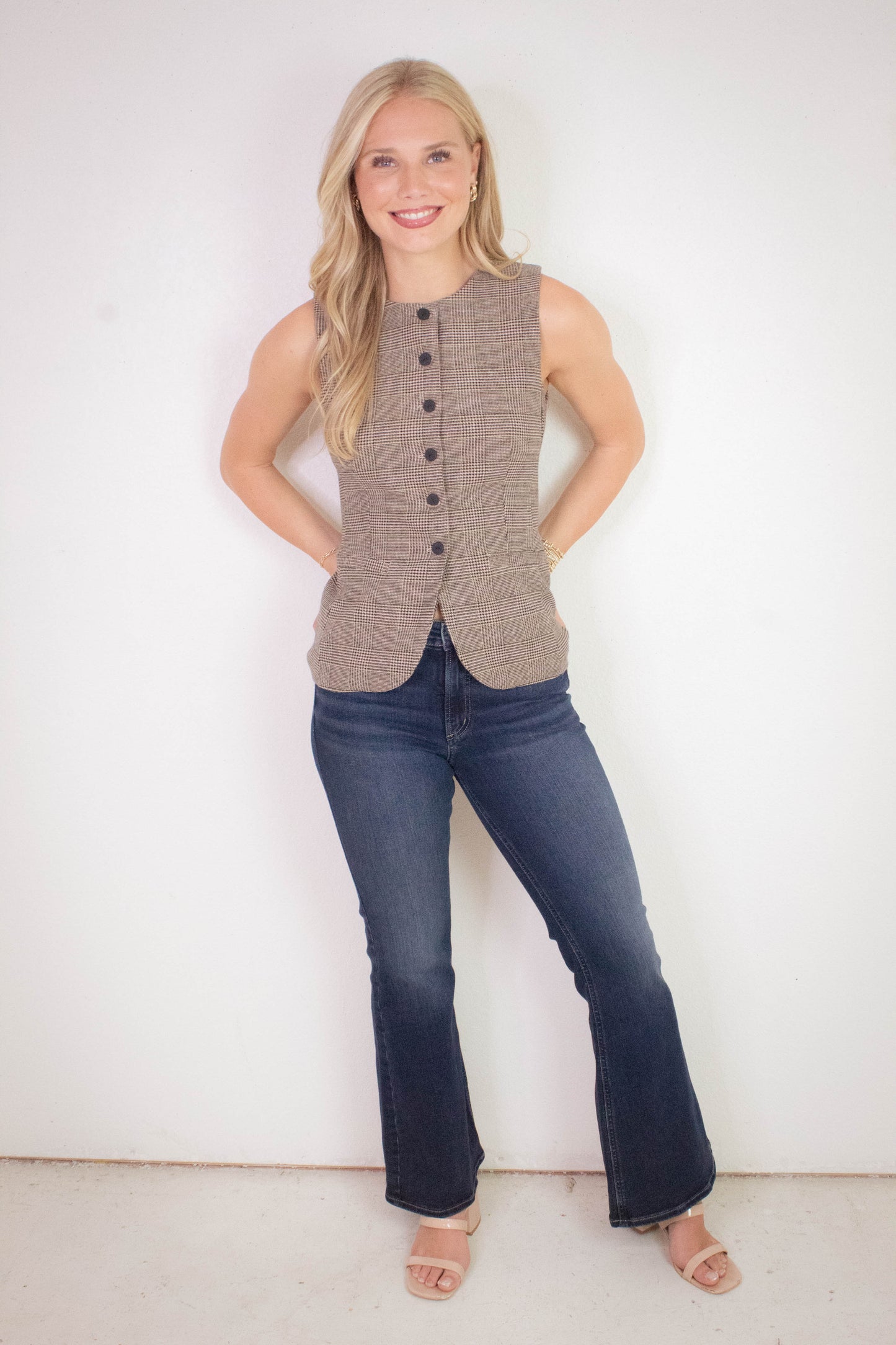  Winslow Check Woven Vest, Taupe/Pink