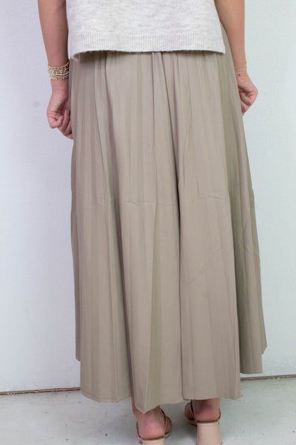  Sallie Vegan Leather Pleated Maxi Skirt, Khaki