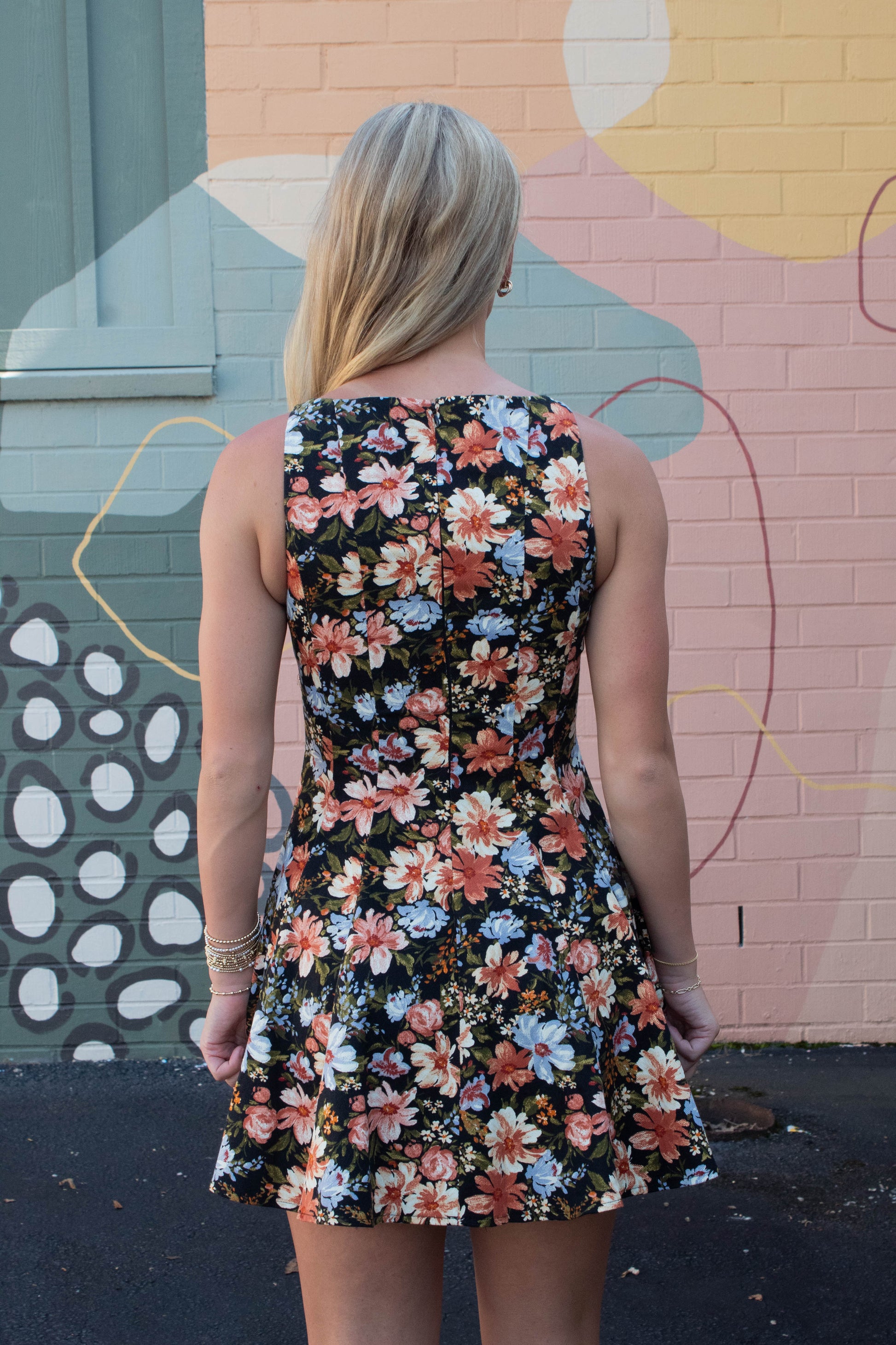  Linda Floral A-Line Denim Dress, Black Multi