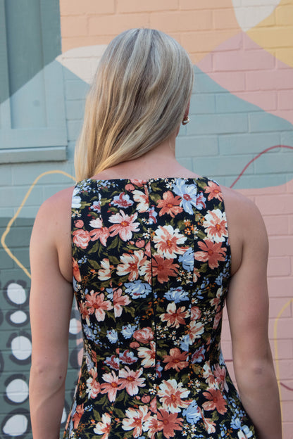  Linda Floral A-Line Denim Dress, Black Multi