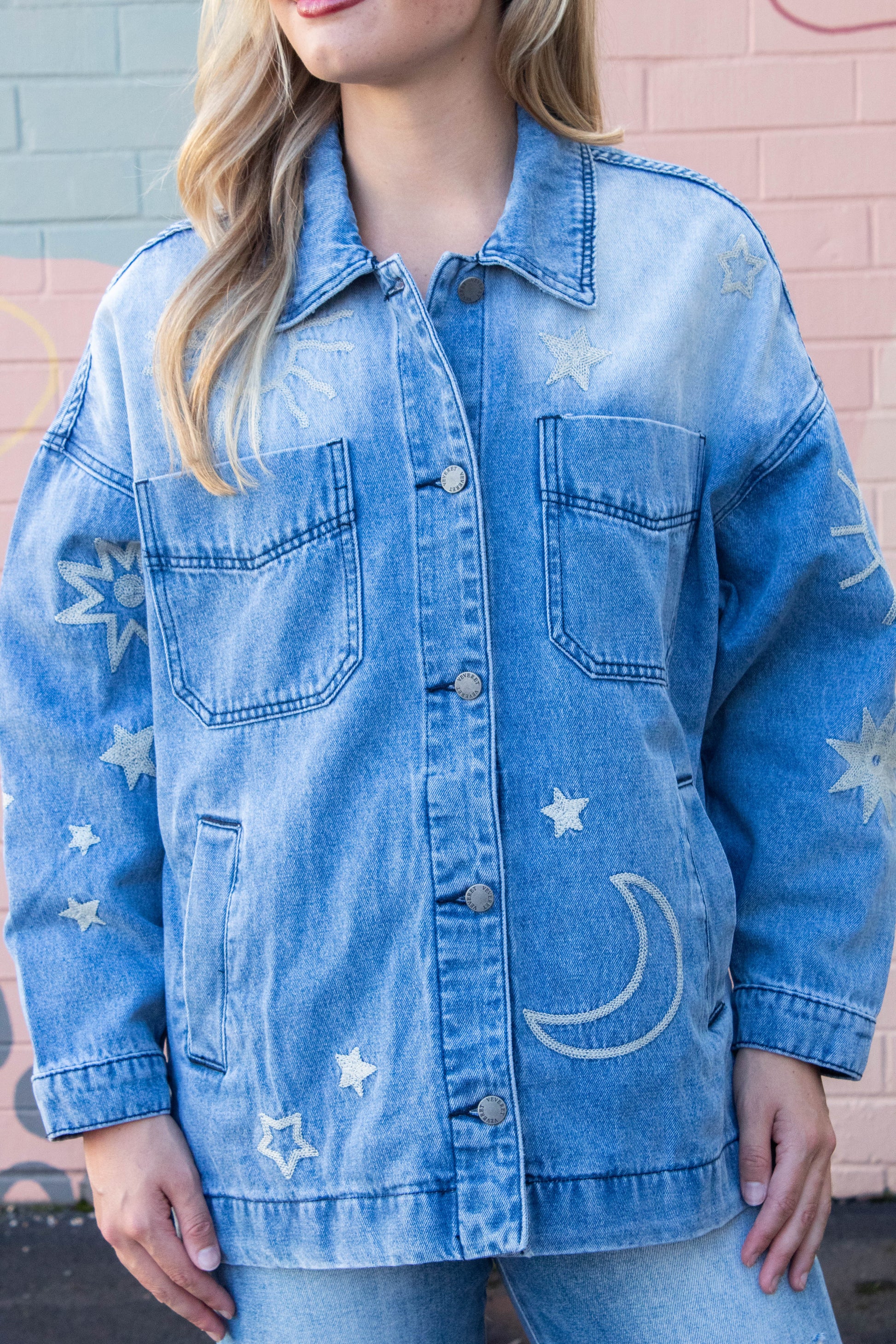  Ashley Embroidered Denim Jacket, Medium Wash
