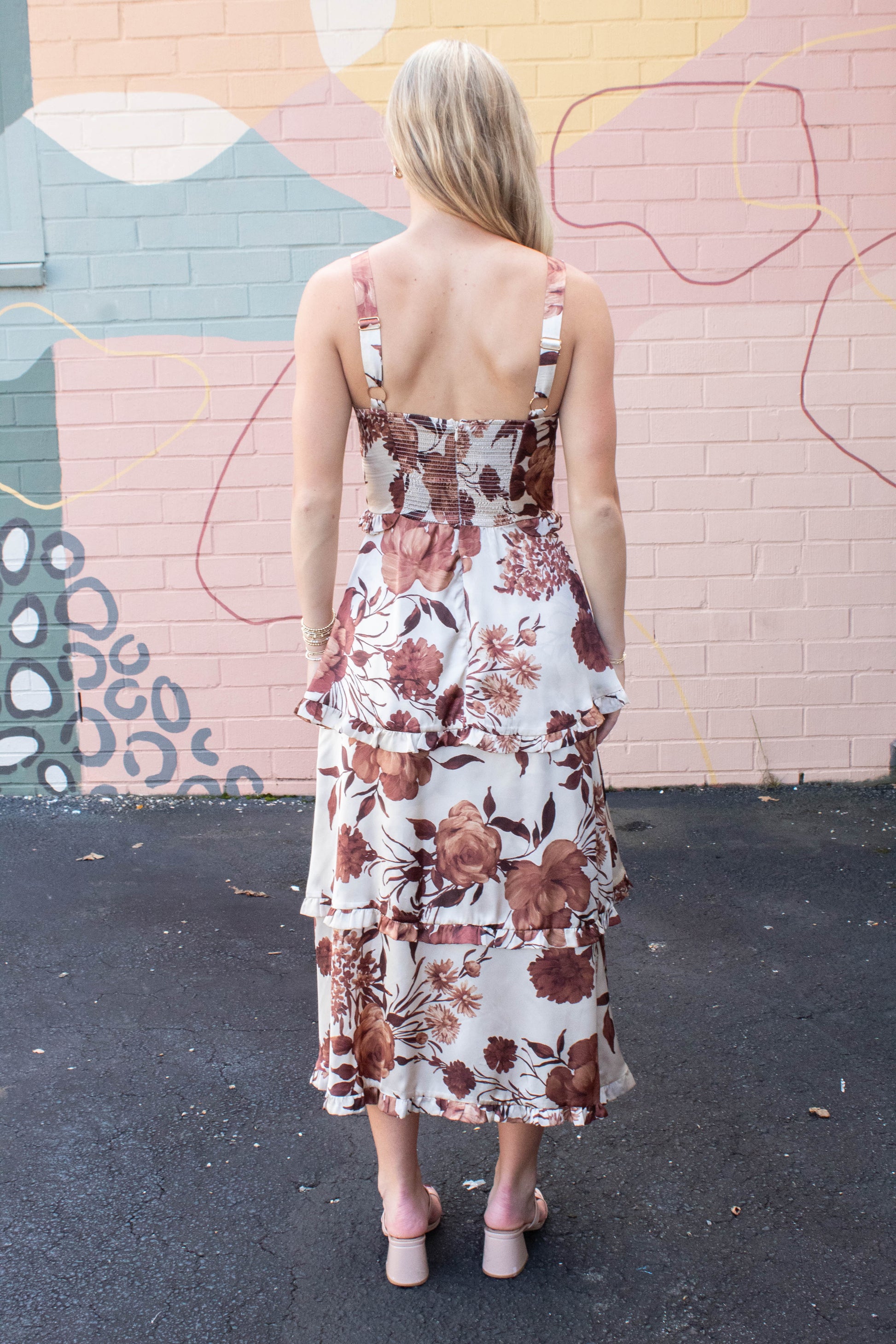  Blair Floral Tiered Satin Dress, Coffee Cream Brown