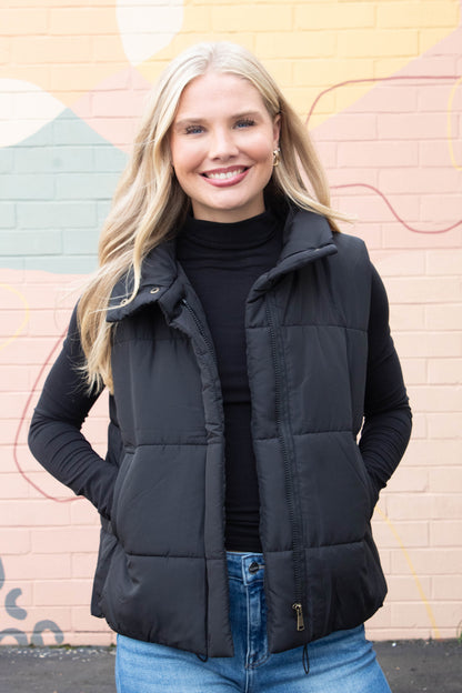  Liv Solid Zip Up Puffer Vest, Black