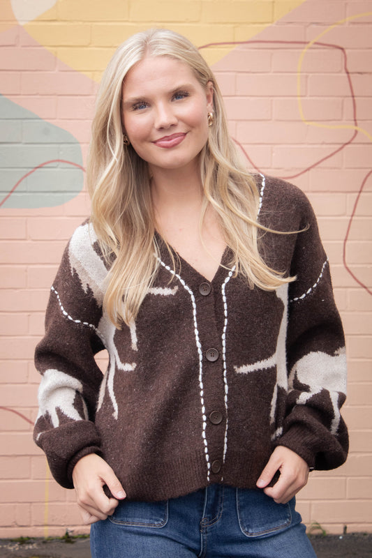  Rebekah Contrast Stitch Horse Cardigan, Brown
