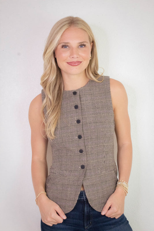  Winslow Check Woven Vest, Taupe/Pink