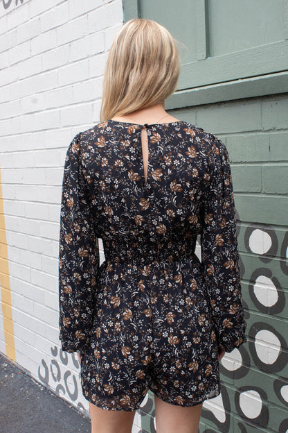  Timeless Flowy Elastic Waist Romper, Black Multi | Sadie & Sage