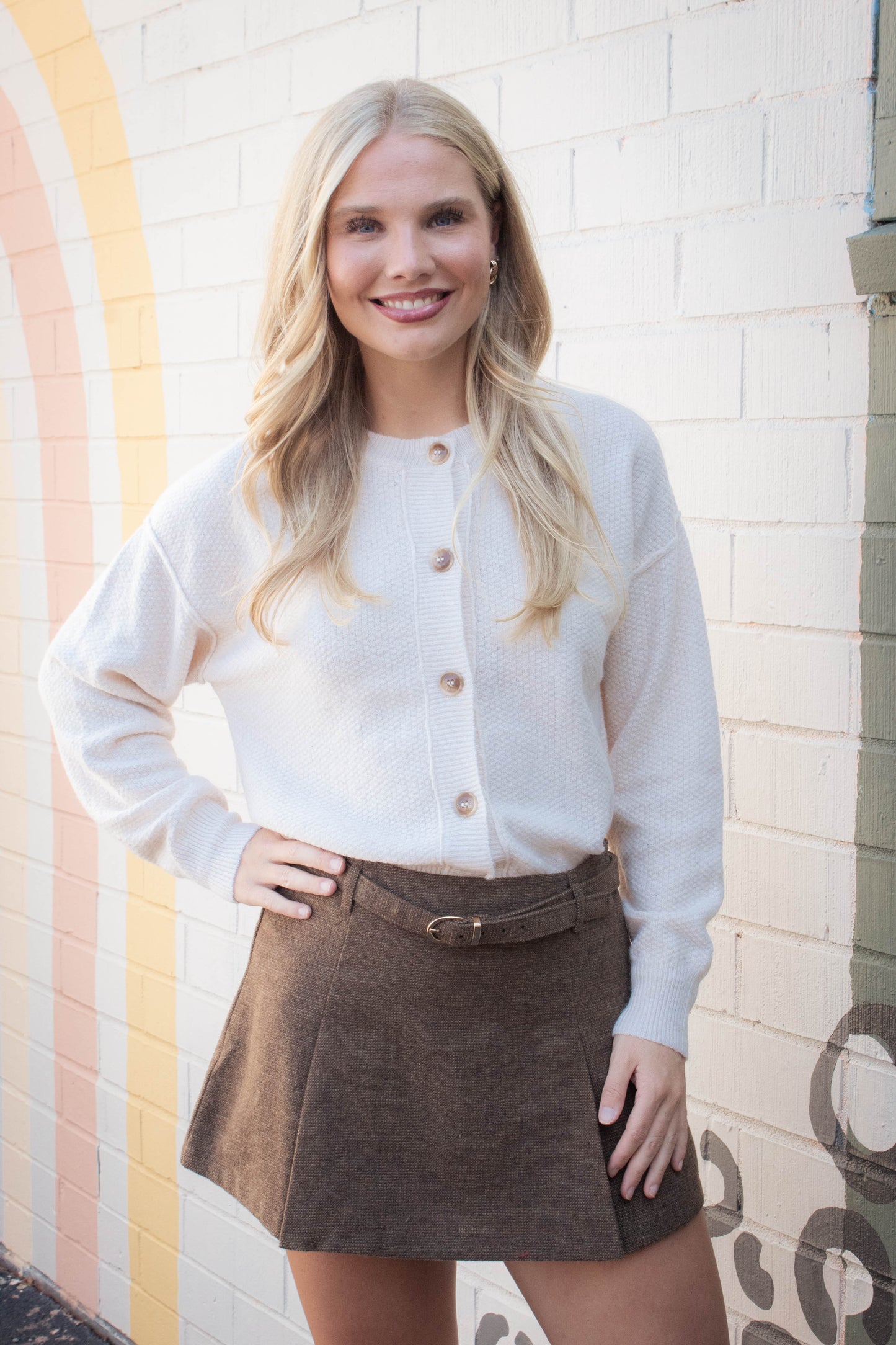  Ada Box Pleated Belted Skirt, Brown
