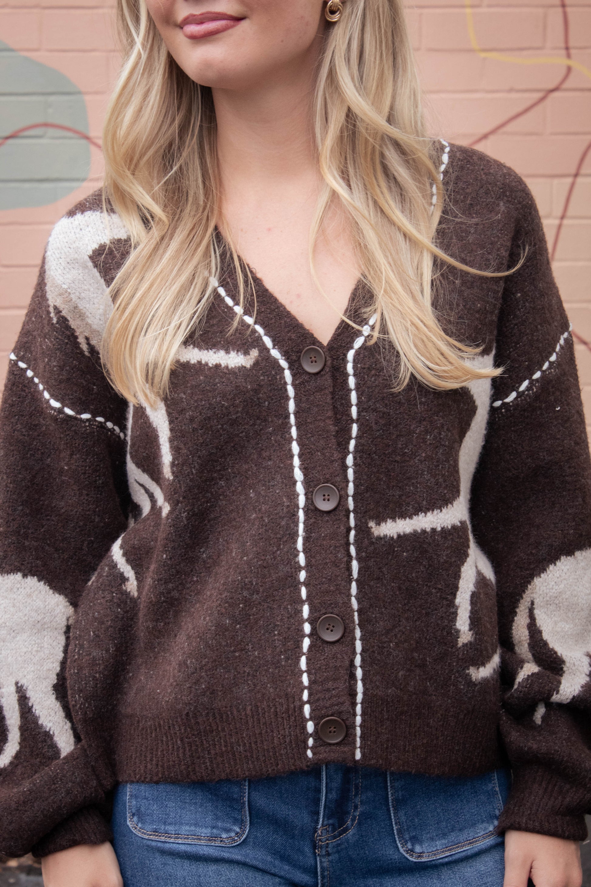  Rebekah Contrast Stitch Horse Cardigan, Brown