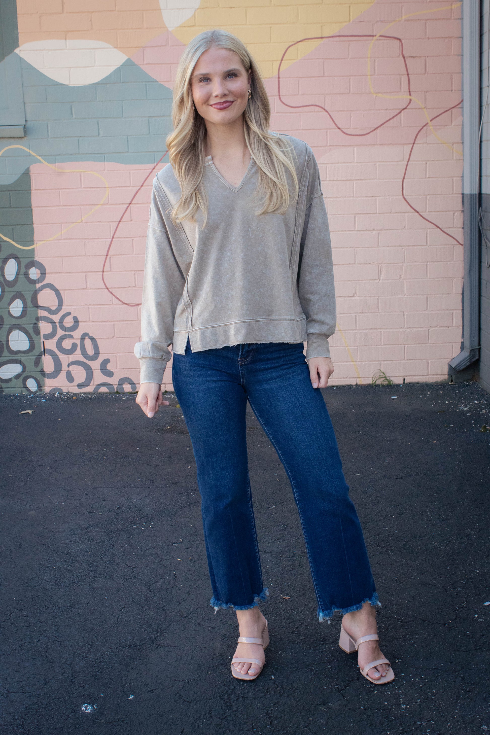  Remy Washed Exposed Seam Knit Top, Tan