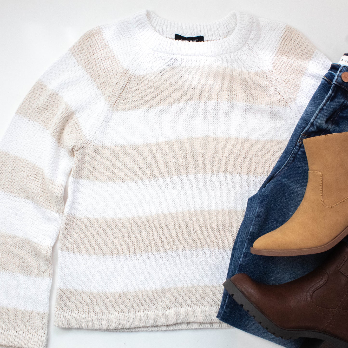  Stella Textured Raglan Sweater, White/Light Oak Stripe | Sanctuary