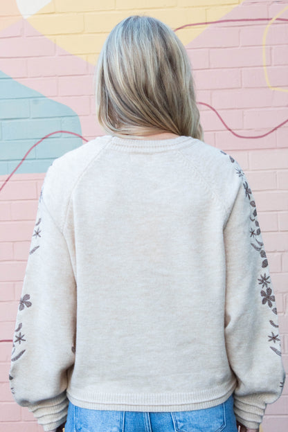  Angie Floral Embroidered Sweater, Oatmeal Brown