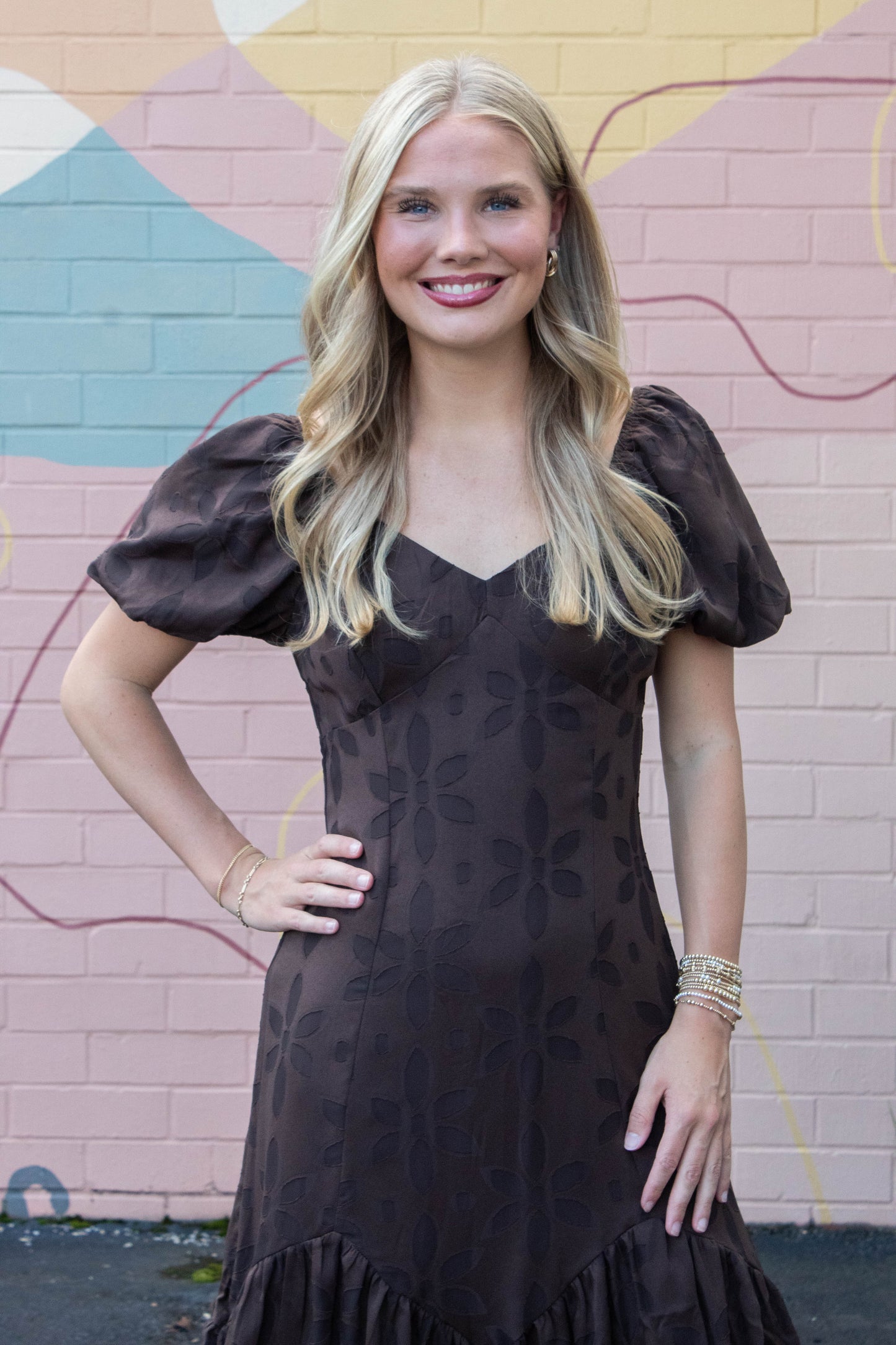  Ana Mesh Flower Midi Dress, Brown
