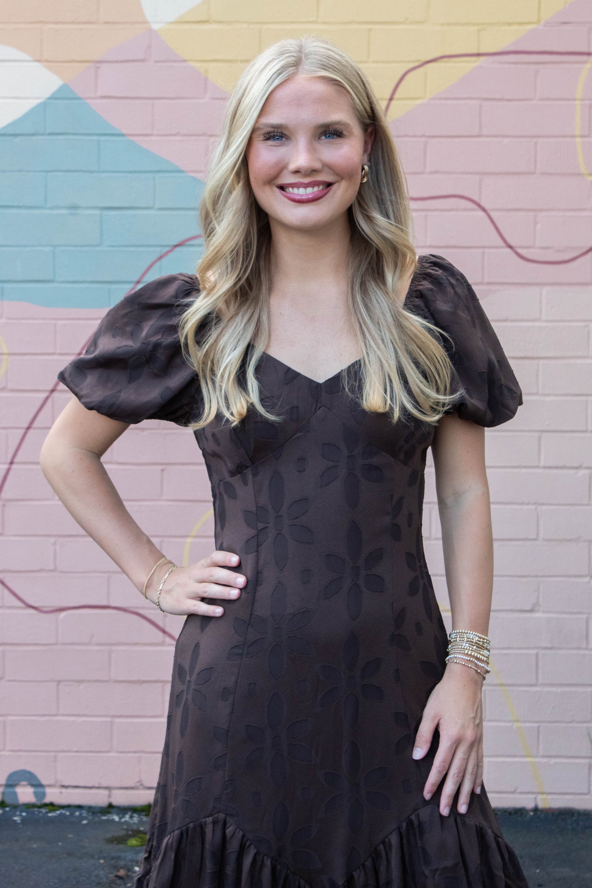  Ana Mesh Flower Midi Dress, Brown