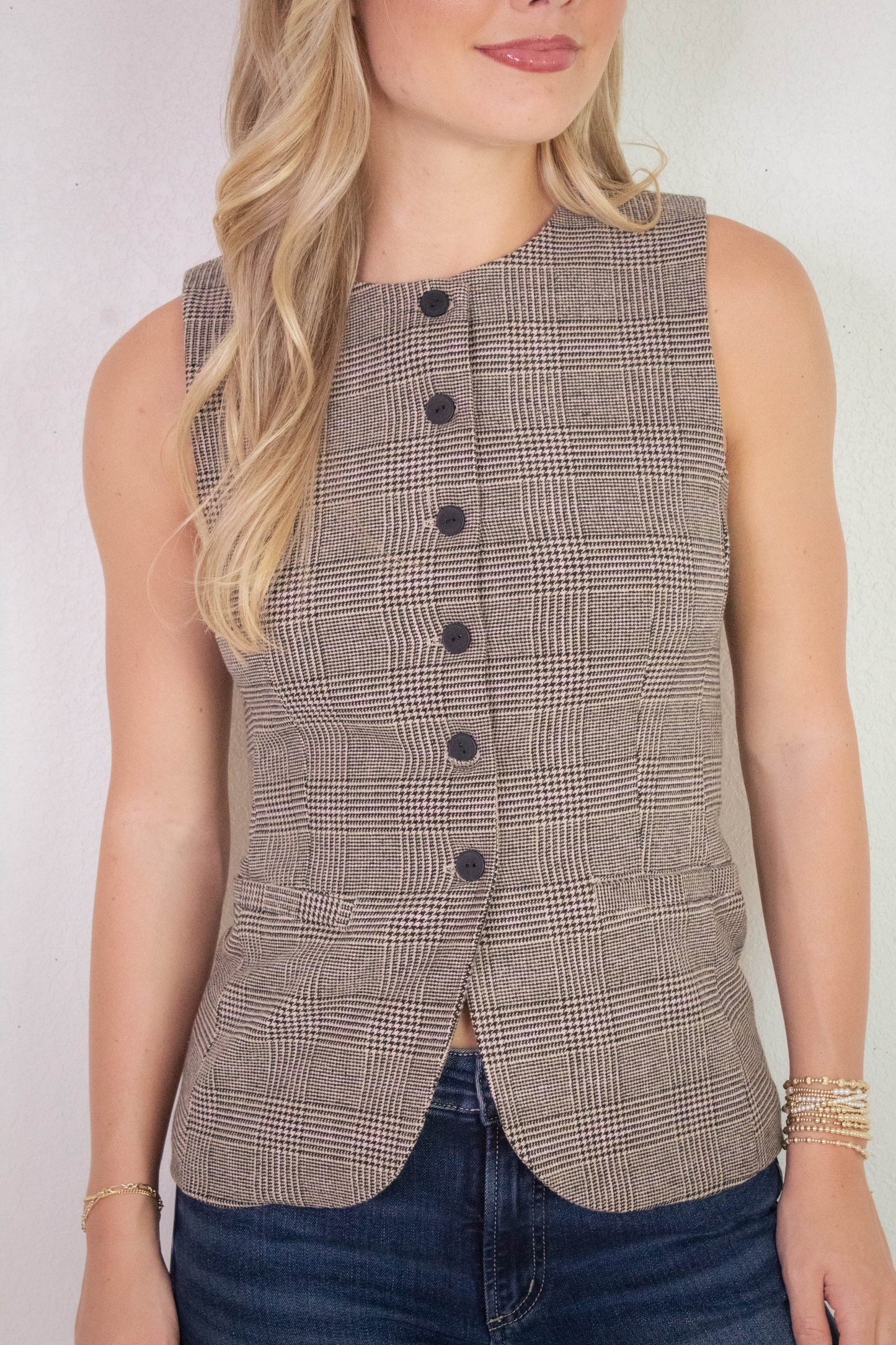  Winslow Check Woven Vest, Taupe/Pink