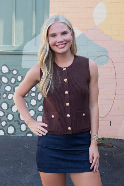  Aliya Gold Button Sweater Vest, Chocolate | Steve Madden