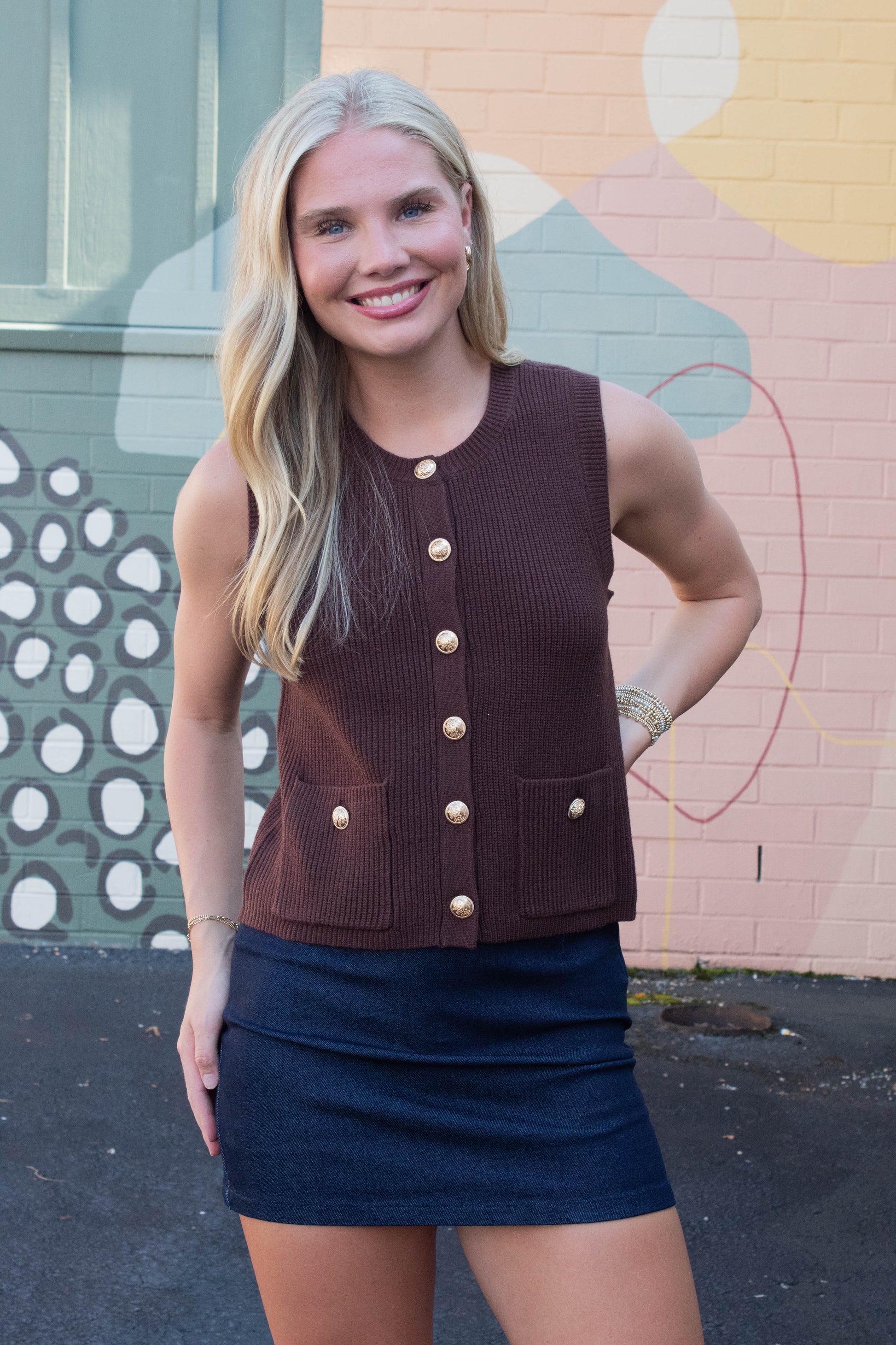  Aliya Gold Button Sweater Vest, Chocolate | Steve Madden