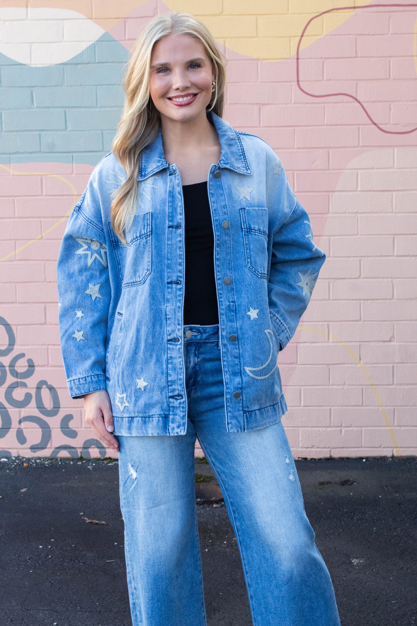  Ashley Embroidered Denim Jacket, Medium Wash