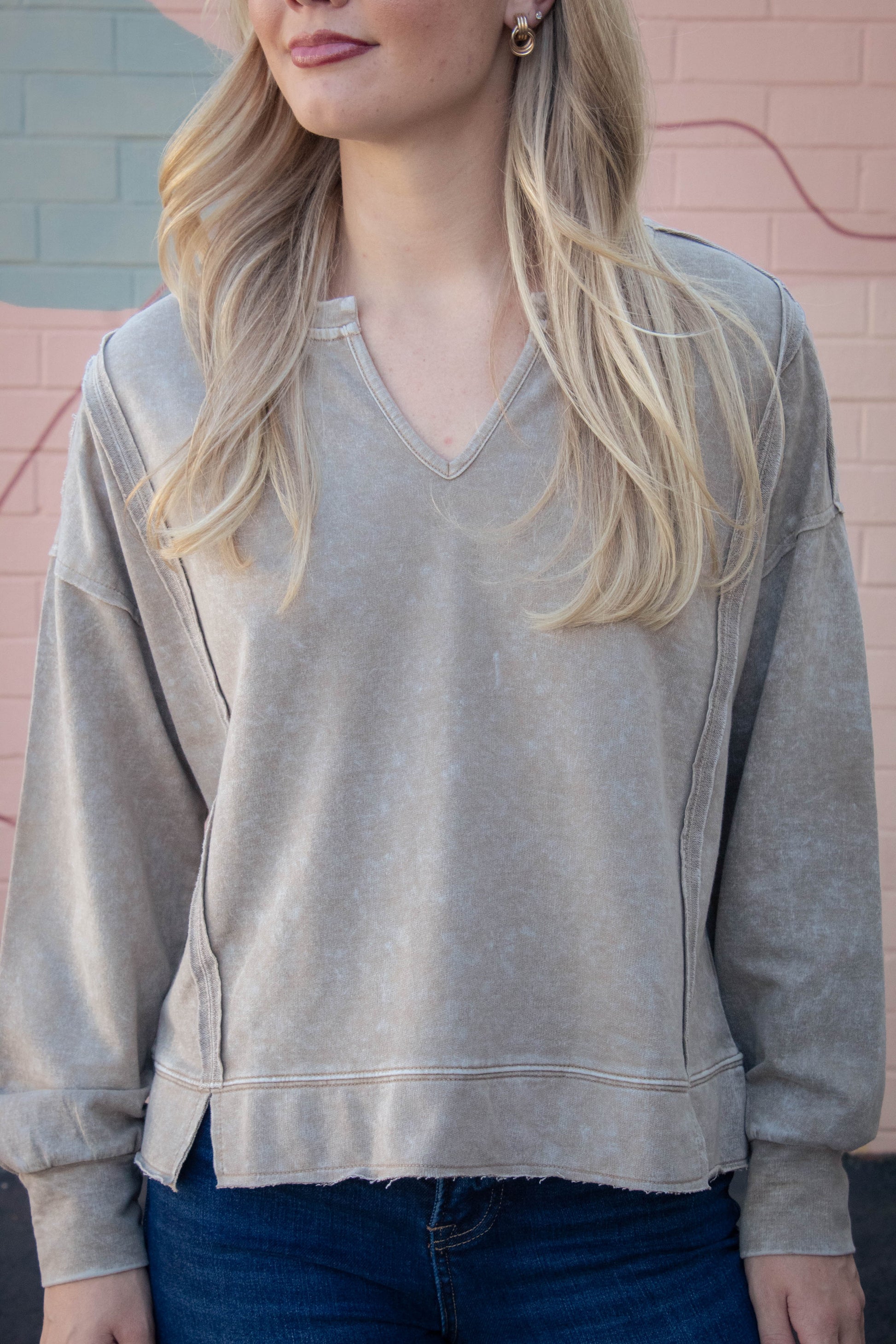  Remy Washed Exposed Seam Knit Top, Tan