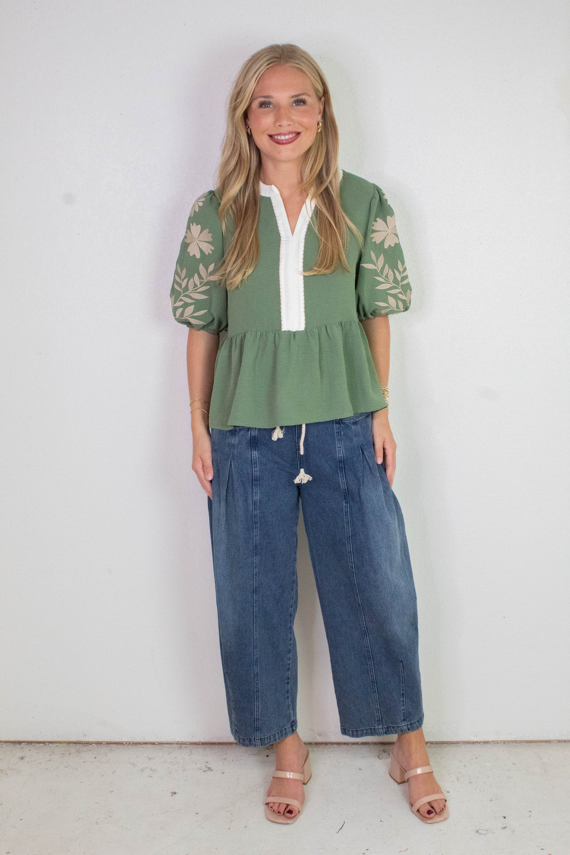  Raya Drawstring Barrel Leg Pants, Washed Denim