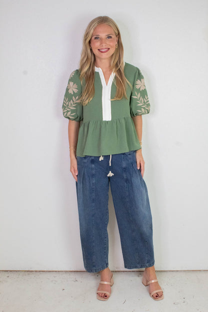  Raya Drawstring Barrel Leg Pants, Washed Denim