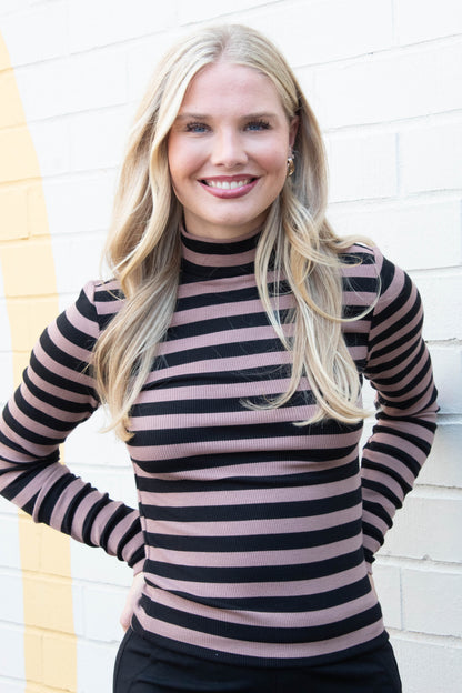  Mock Neck Essential Top, Mocha/Black Stripe | Sanctuary