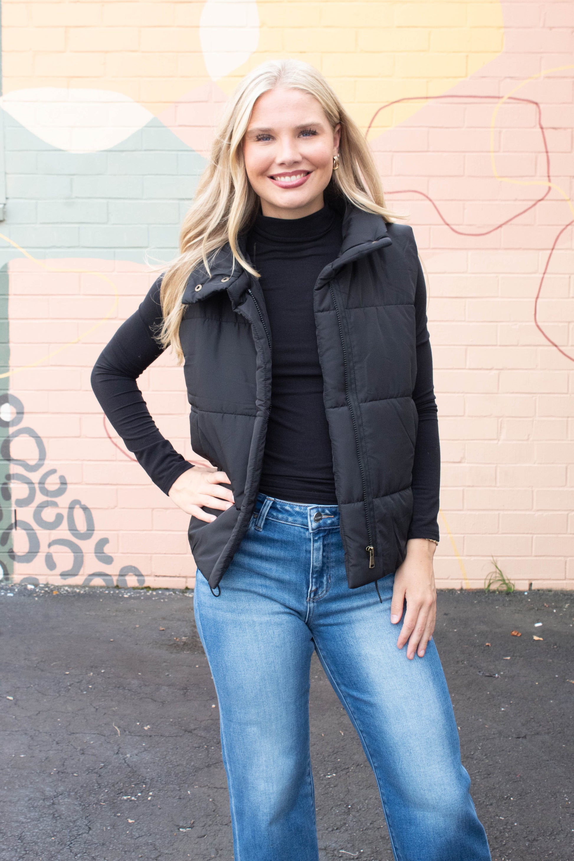  Liv Solid Zip Up Puffer Vest, Black