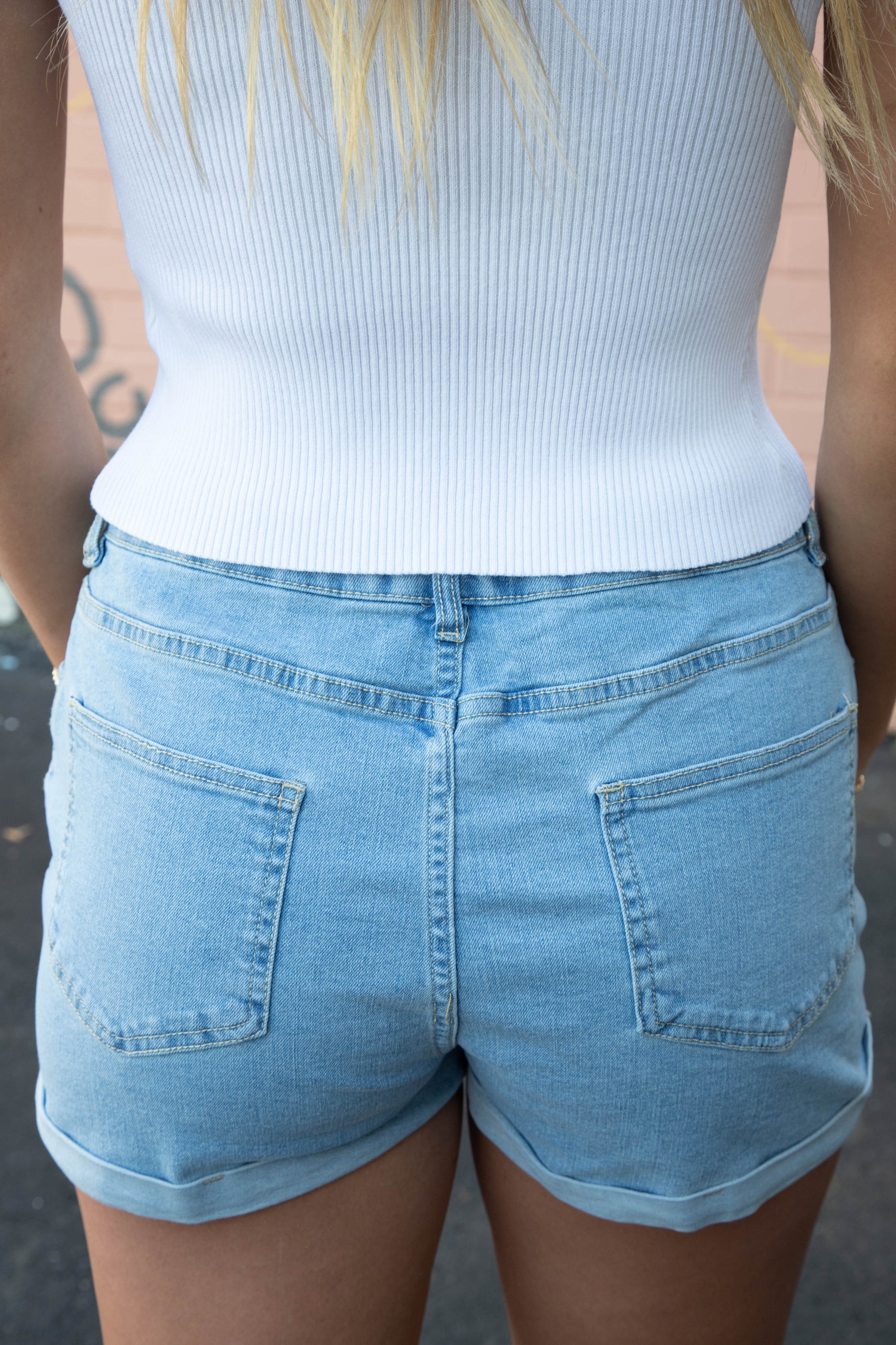  Taylor Embroidered Cherries Denim Shorts, Light Blue
