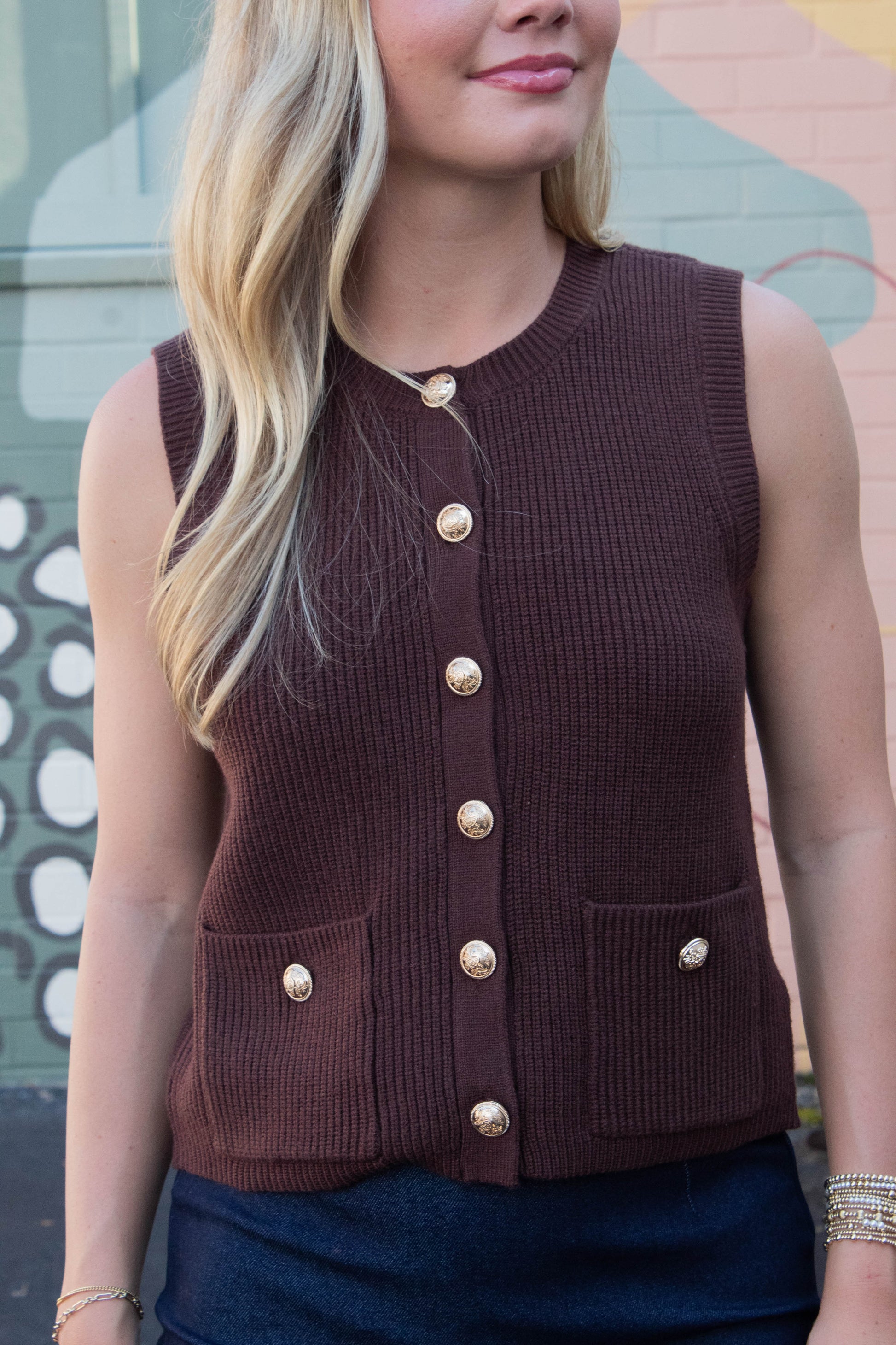  Aliya Gold Button Sweater Vest, Chocolate | Steve Madden