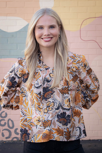  Farren Bold Botanical Print Blouse, Beige Multi