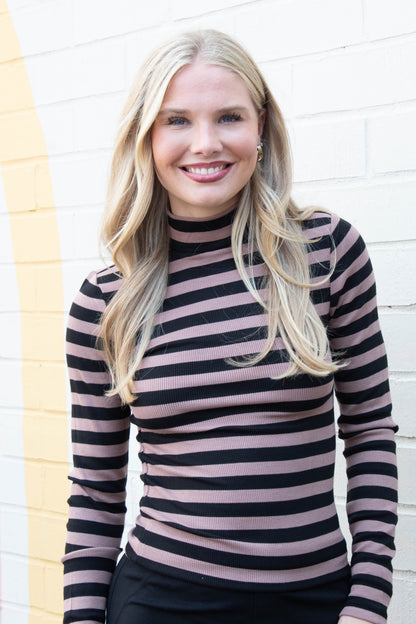  Mock Neck Essential Top, Mocha/Black Stripe | Sanctuary