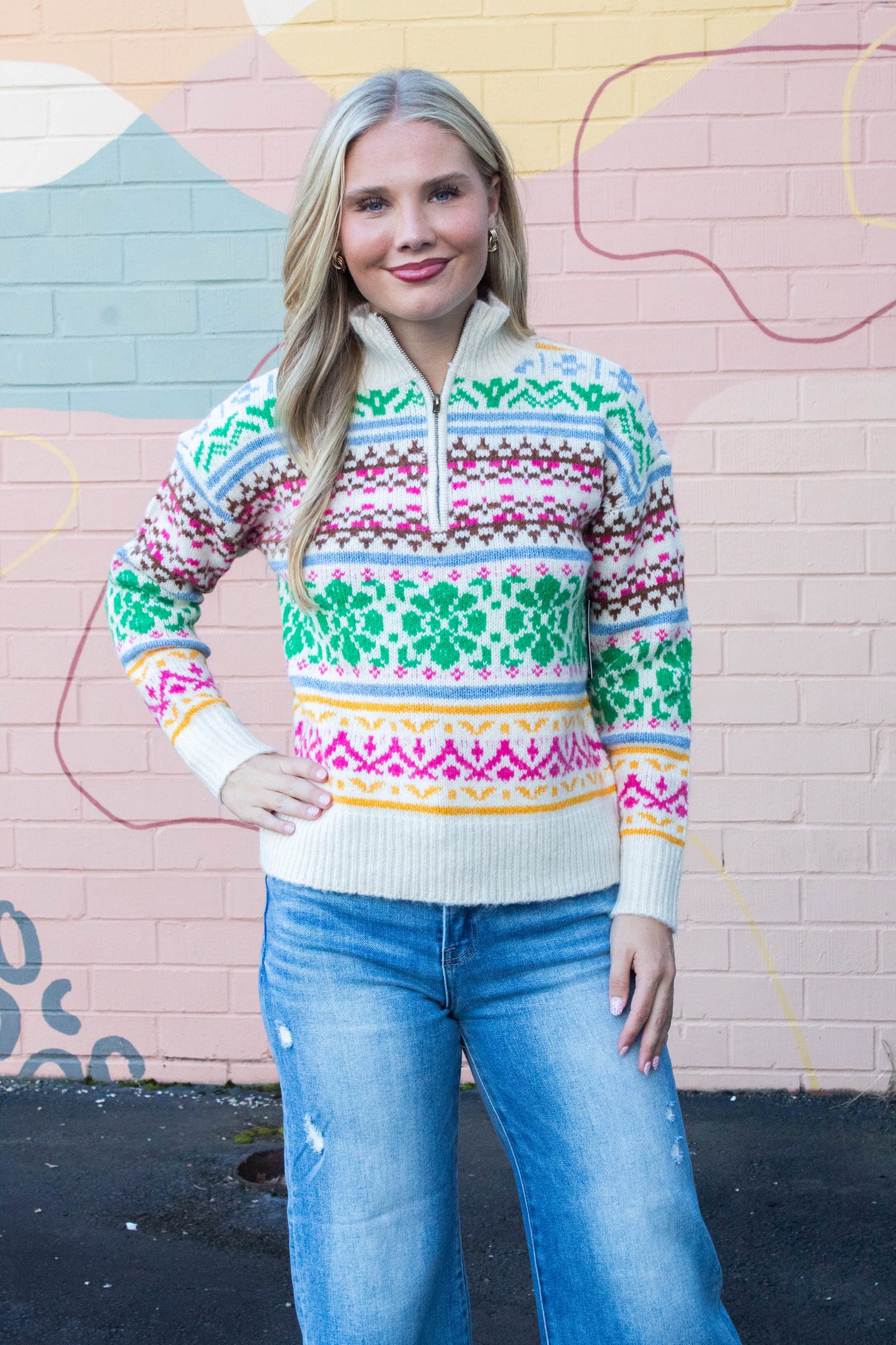  Urania Multi Colored Pullover Sweater, Cream | RD Style