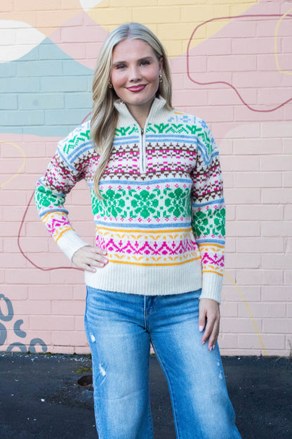  Urania Multi Colored Pullover Sweater, Cream | RD Style