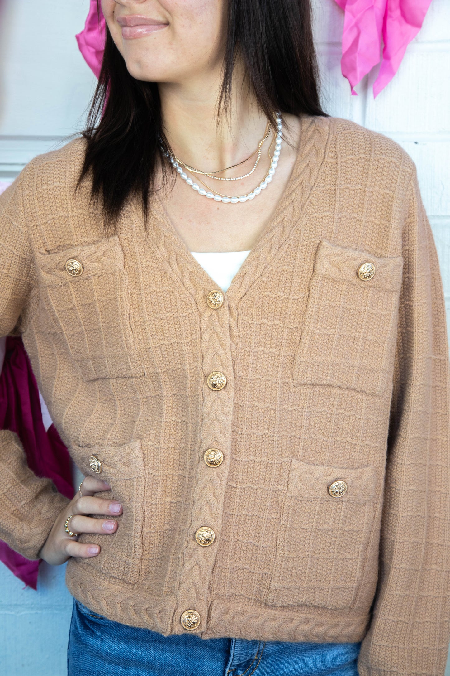  Liz Textured Button Up Cardigan, Camel