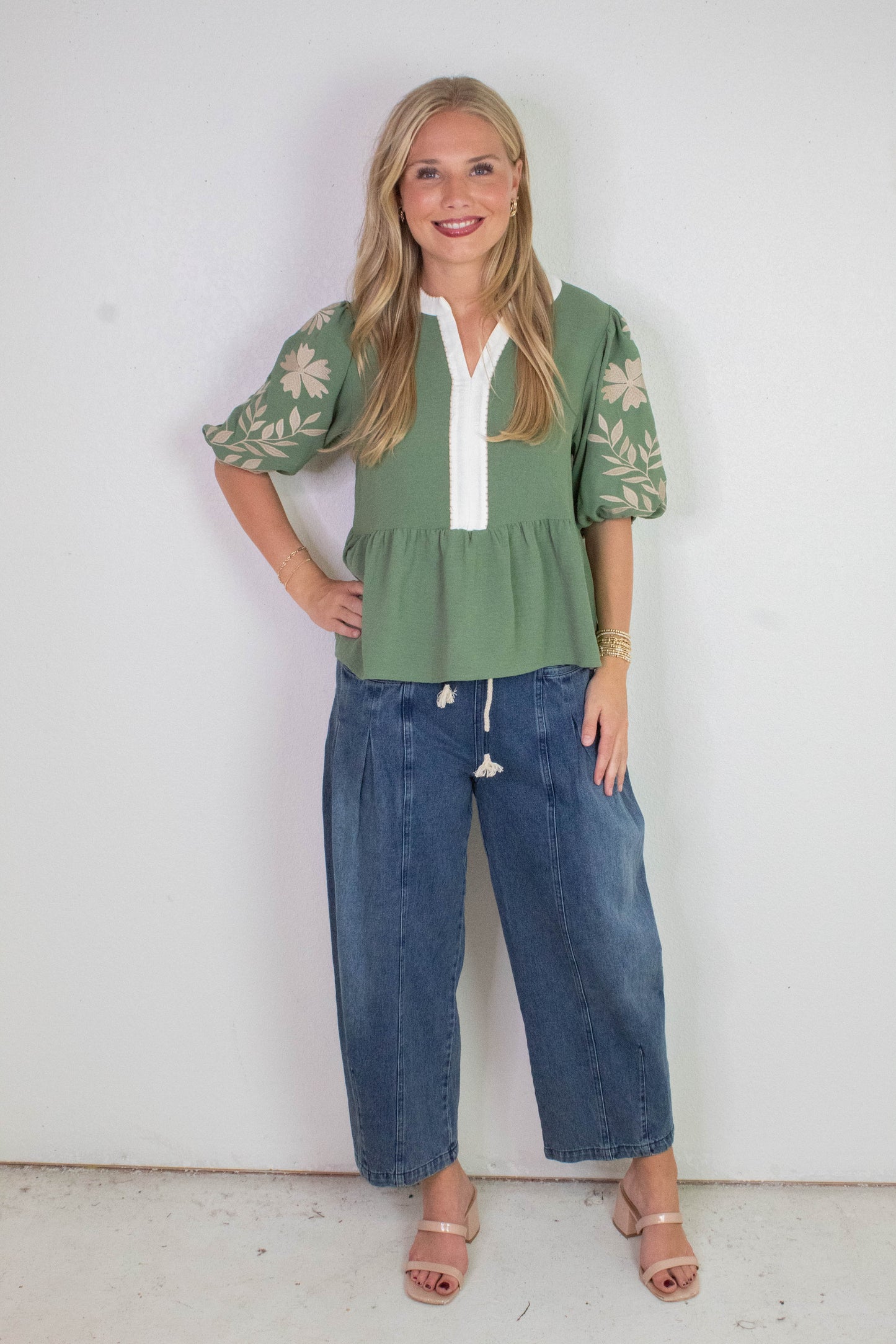  Raya Drawstring Barrel Leg Pants, Washed Denim