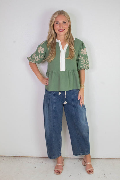  Raya Drawstring Barrel Leg Pants, Washed Denim
