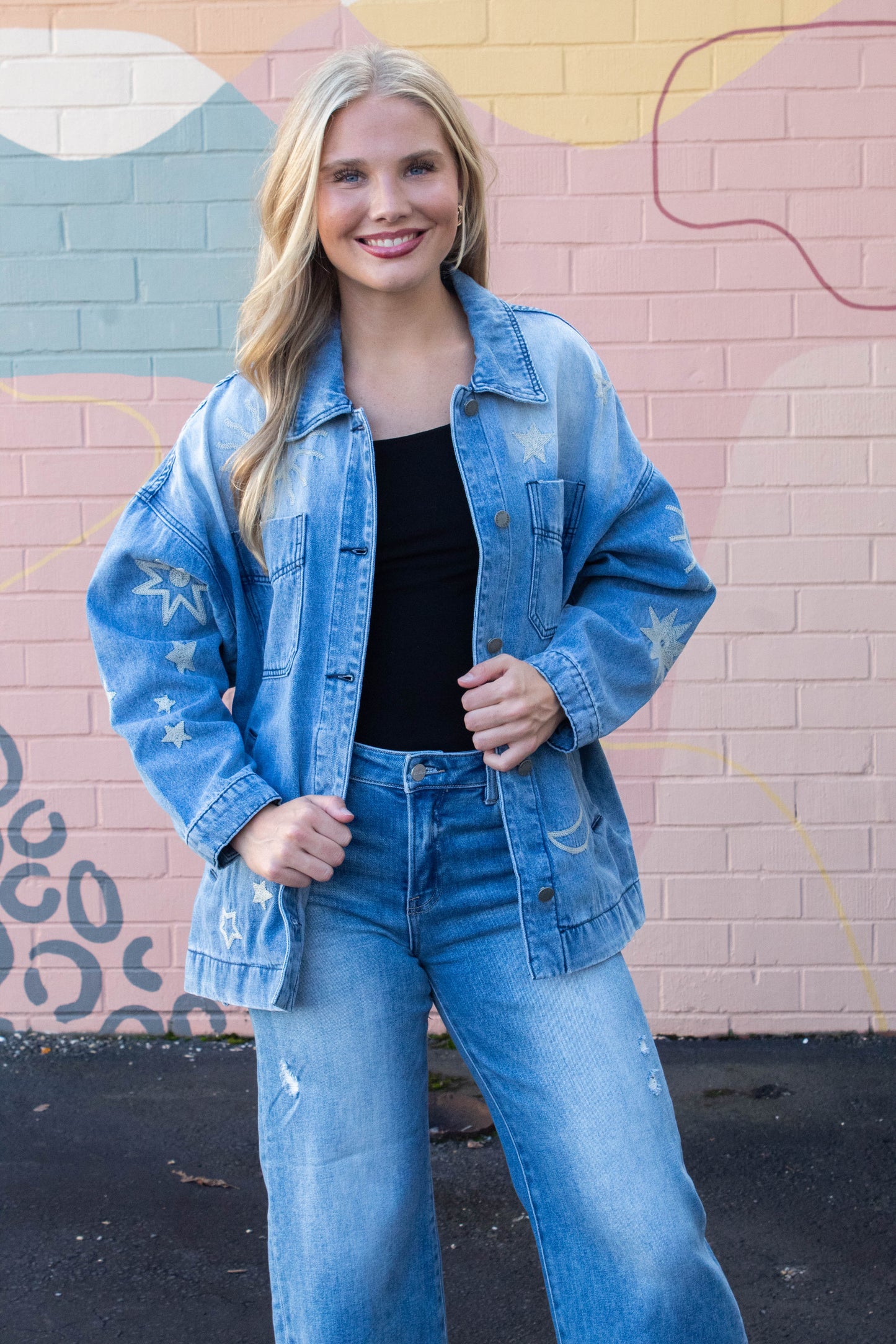  Ashley Embroidered Denim Jacket, Medium Wash