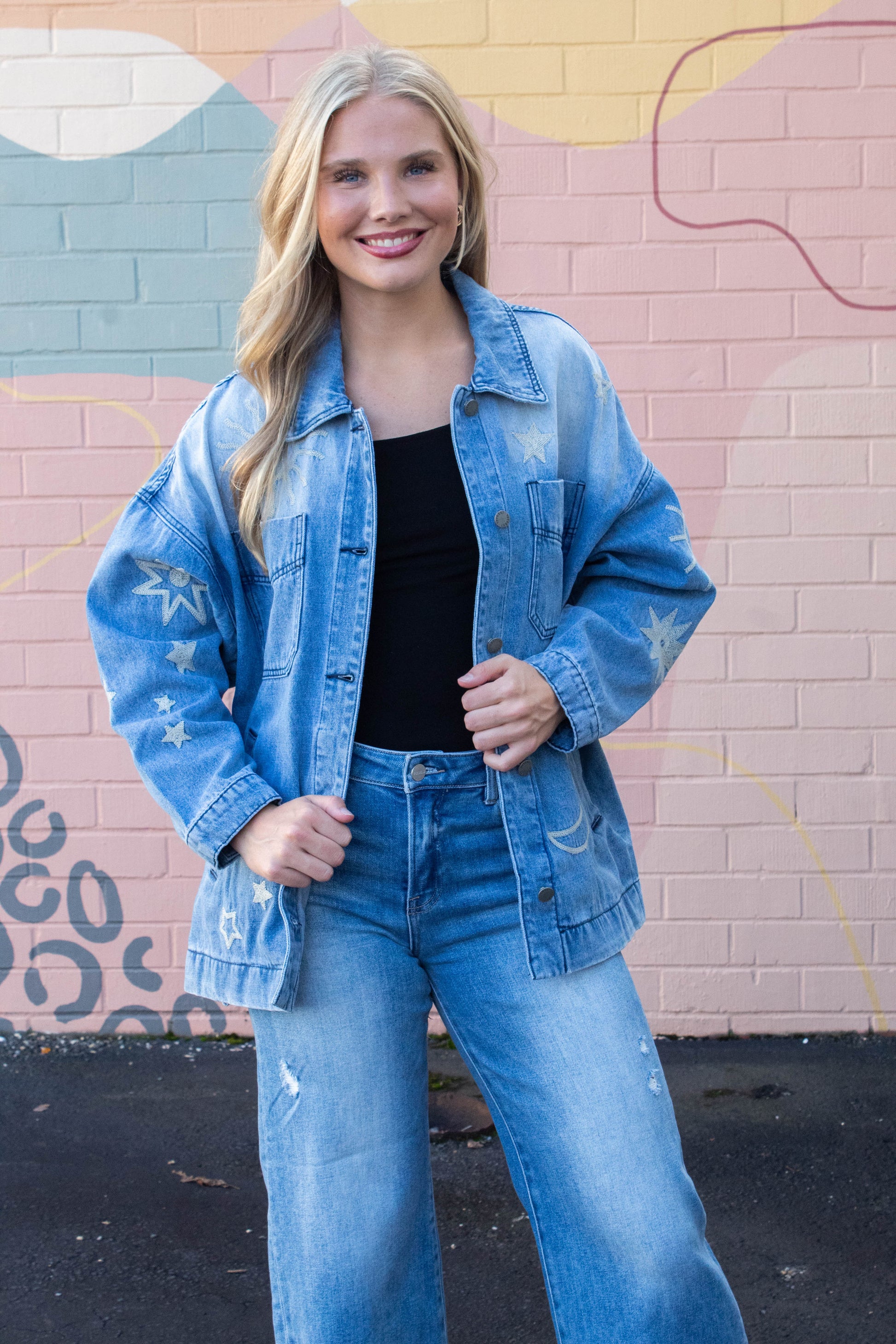  Ashley Embroidered Denim Jacket, Medium Wash