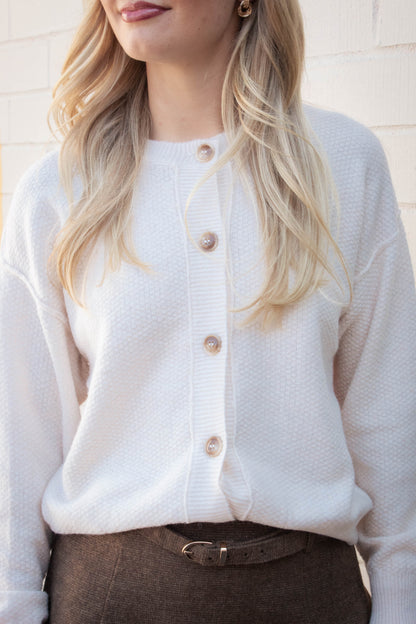  Aria Rib Trim Round Neck Cardigan, Ivory