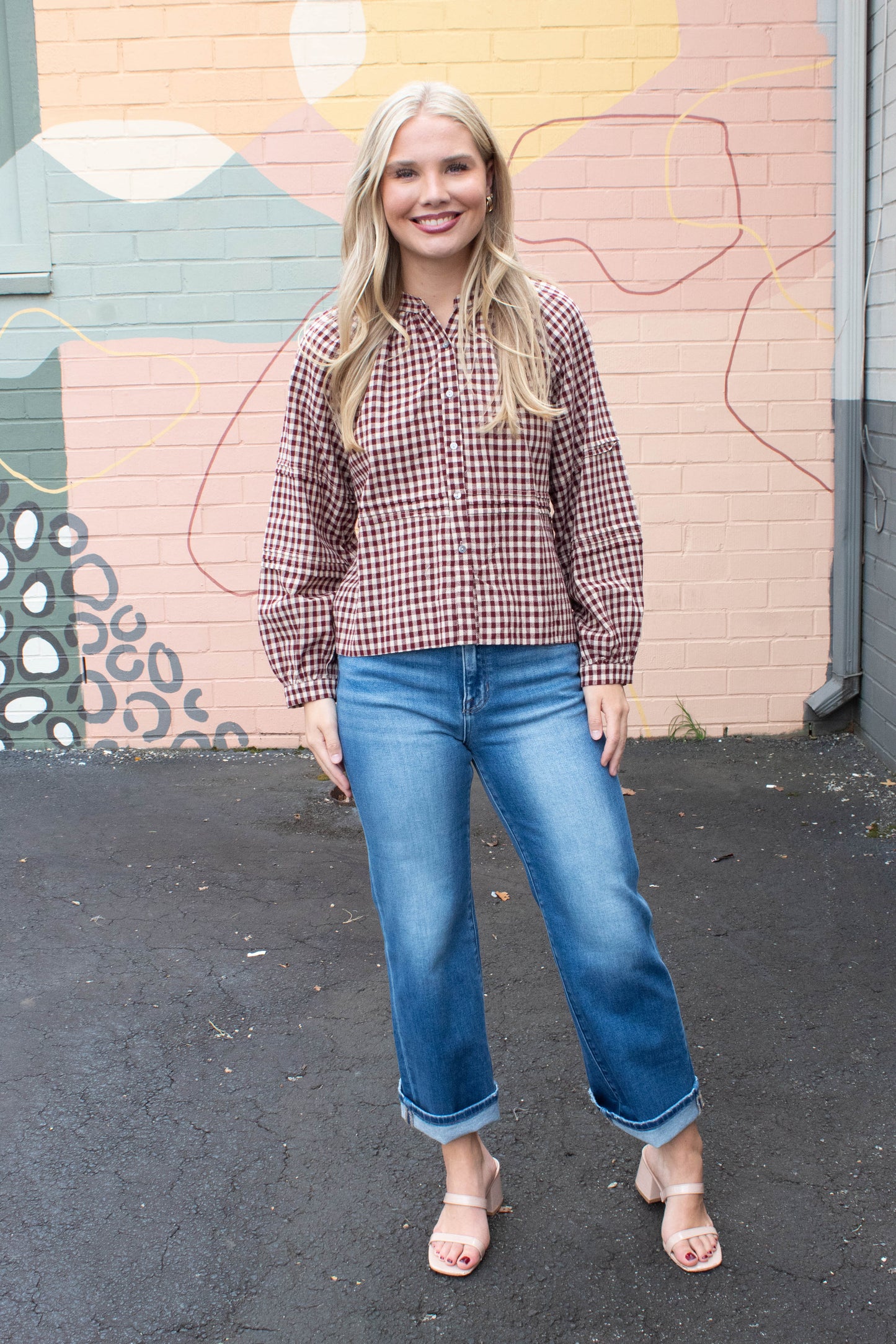  Emilia Checkered Shirt, Burgundy Taupe