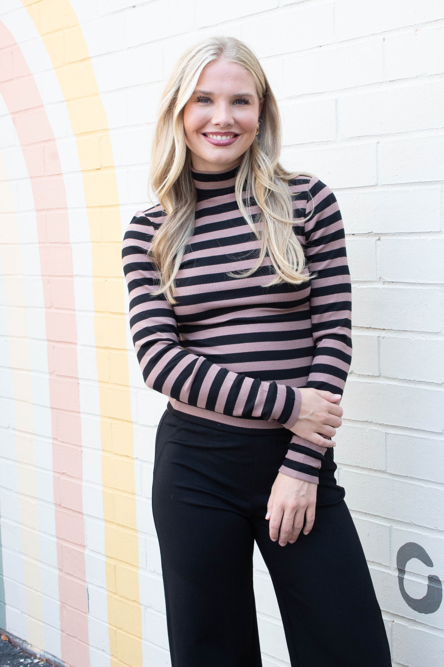  Mock Neck Essential Top, Mocha/Black Stripe | Sanctuary