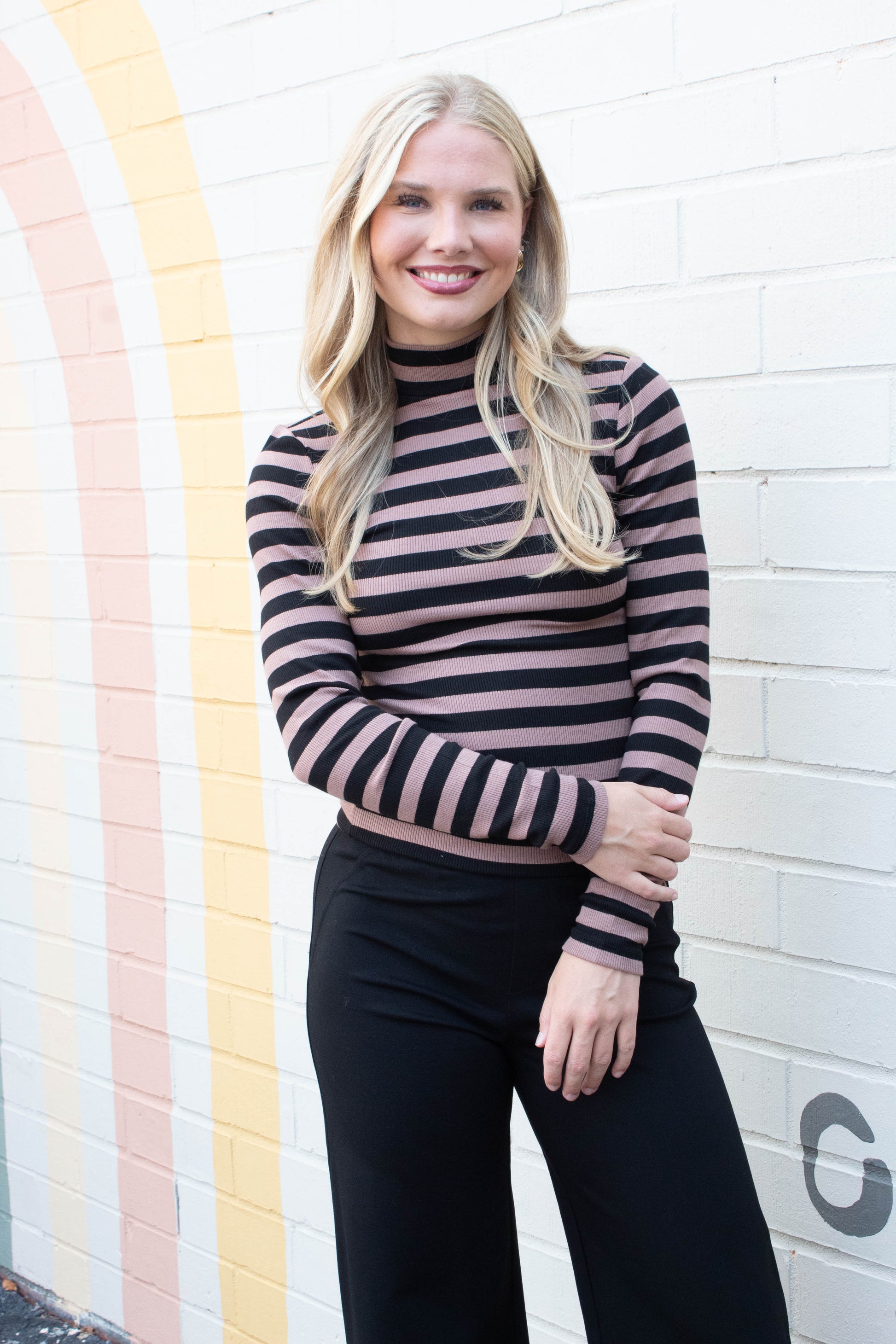  Mock Neck Essential Top, Mocha/Black Stripe | Sanctuary