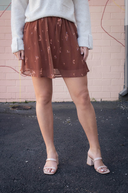  Last Dance Plisse Swing Mini Skirt, Brown Multi | Sadie & Sage