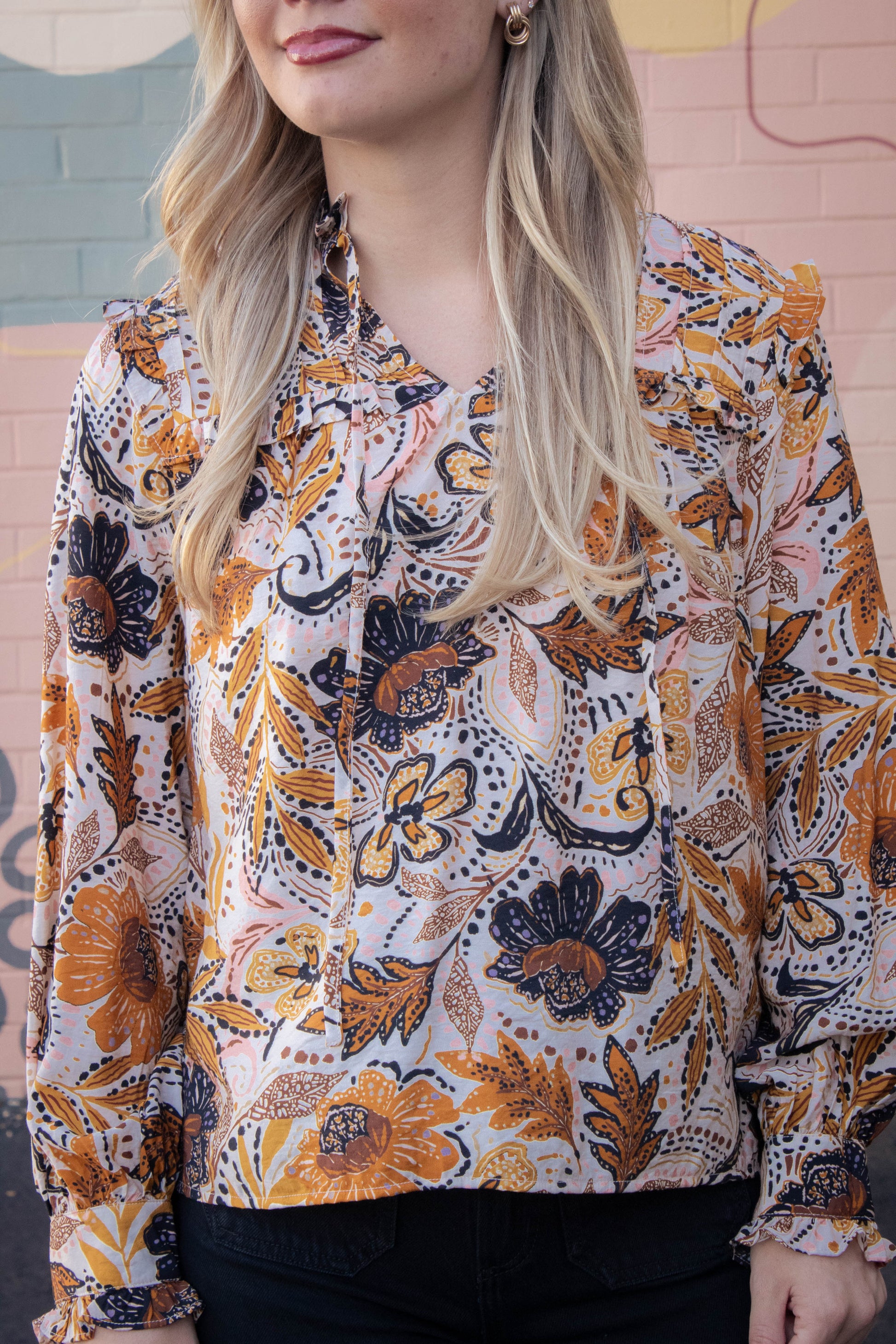  Farren Bold Botanical Print Blouse, Beige Multi