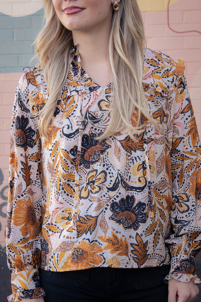  Farren Bold Botanical Print Blouse, Beige Multi