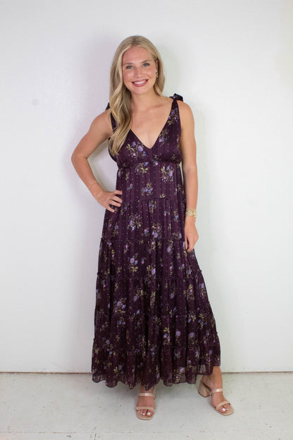  Gigi Tie Strap Printed Maxi Dress, Plum Multi Floral