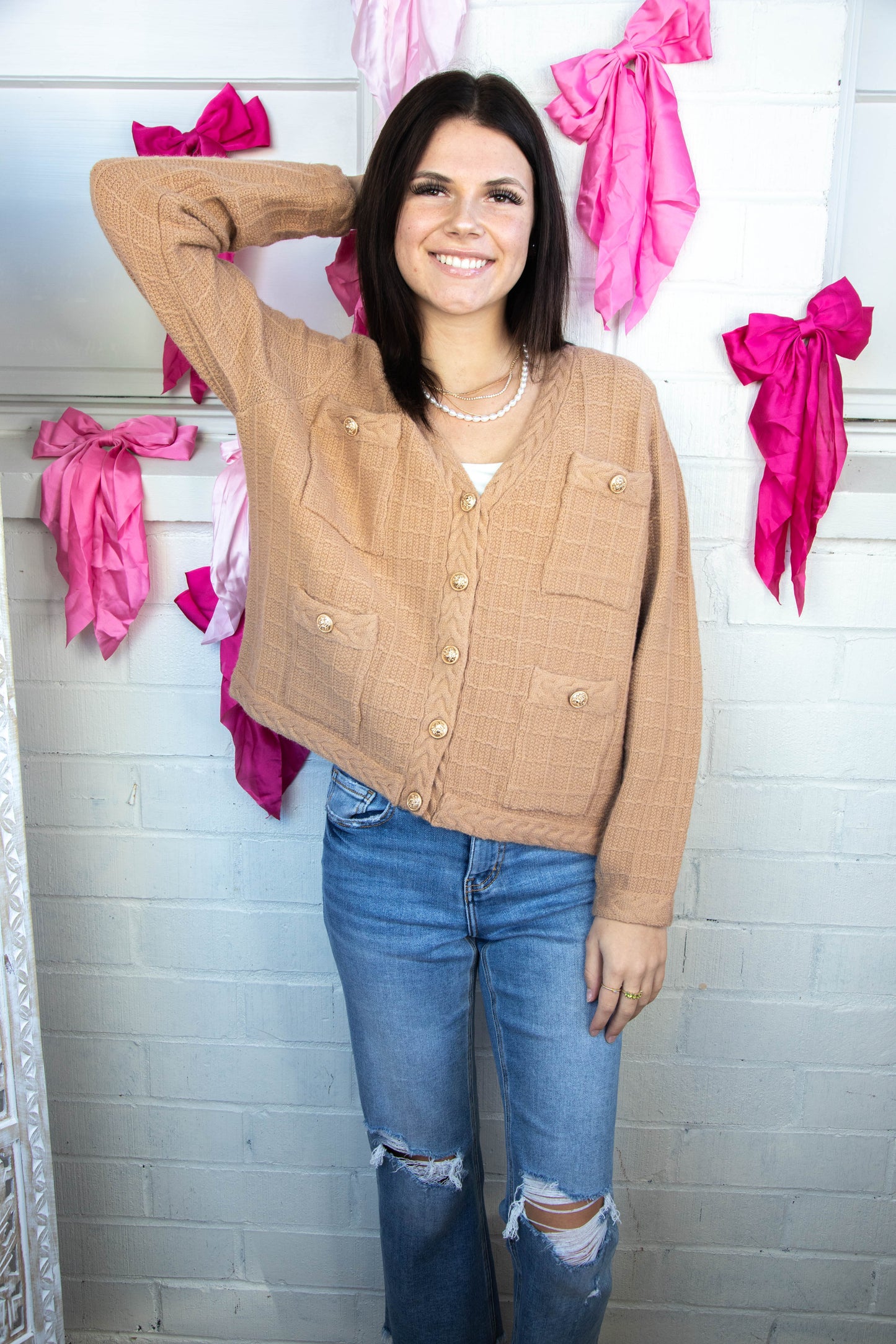  Liz Textured Button Up Cardigan, Camel
