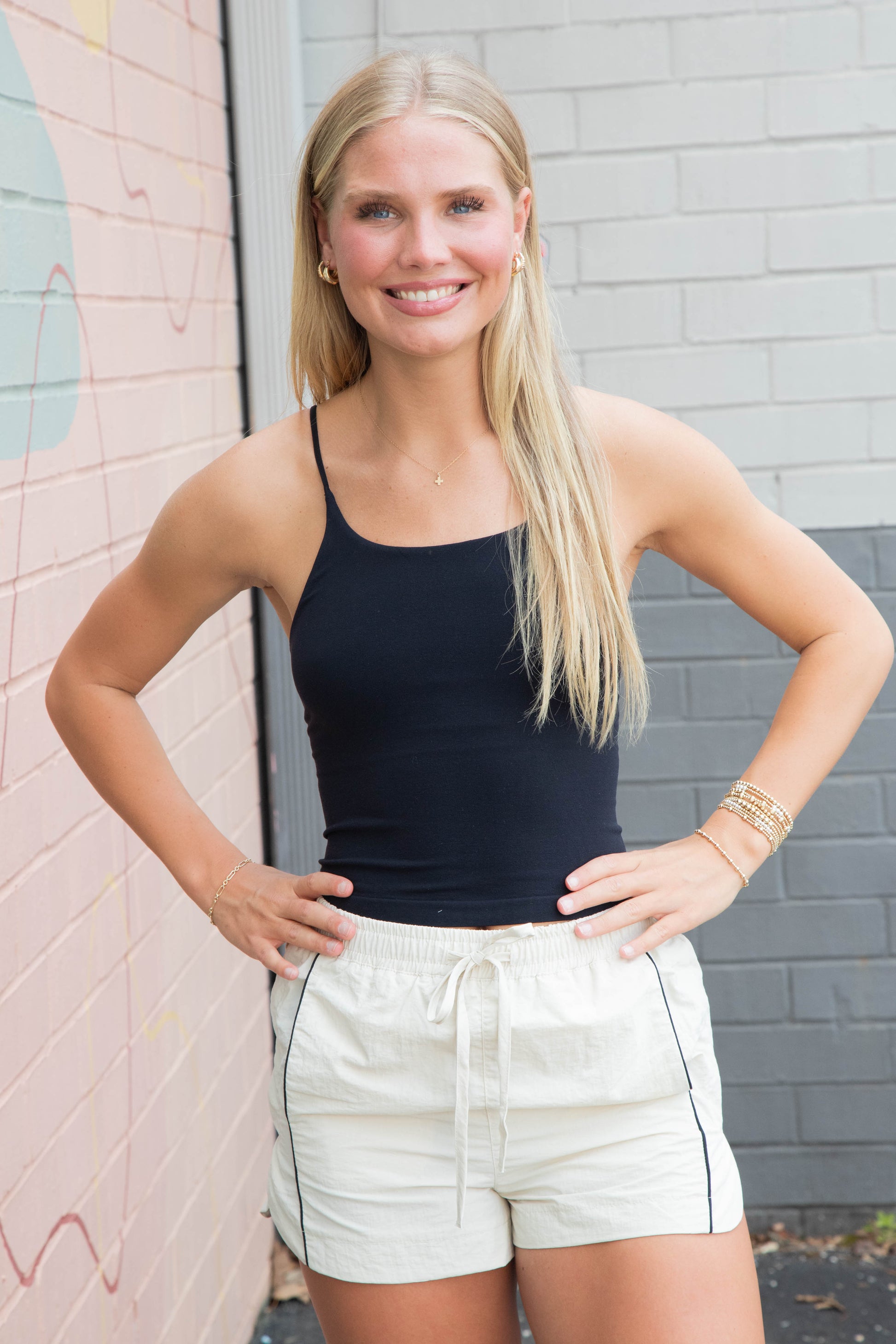  Ryleigh High Rise Windbreaker Shorts, Cream