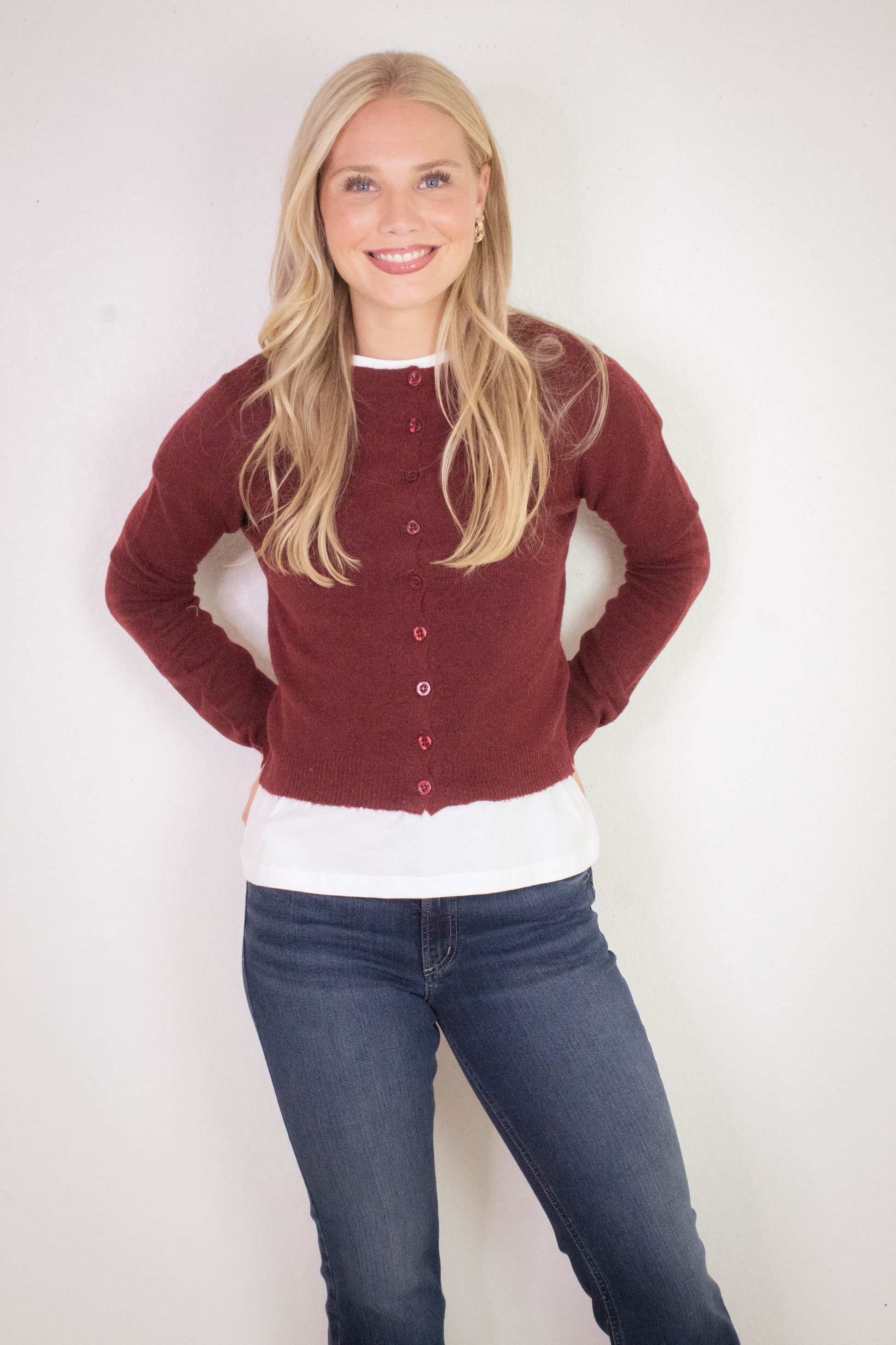  Nia Button Down Cardigan, Burgundy