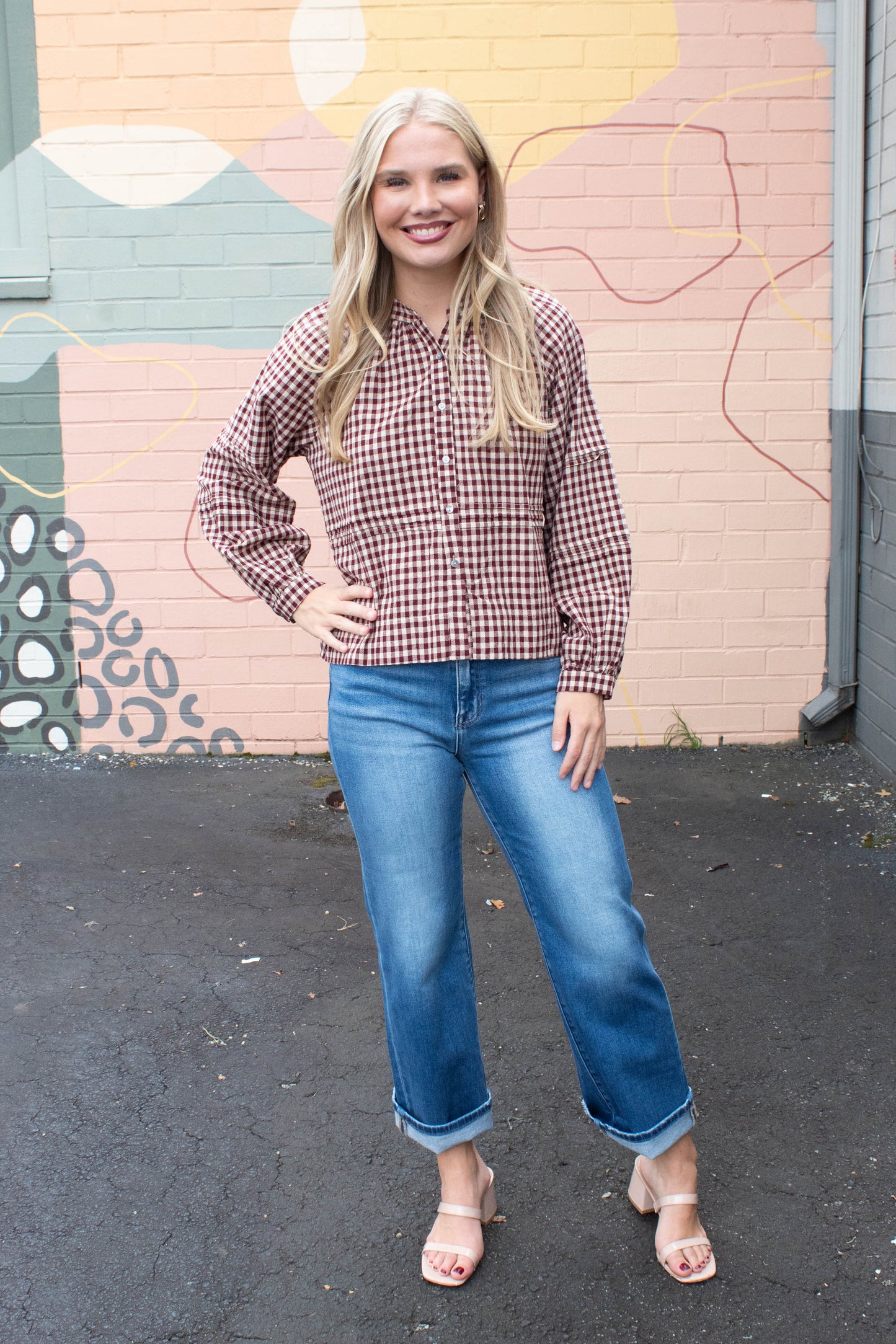  Emilia Checkered Shirt, Burgundy Taupe