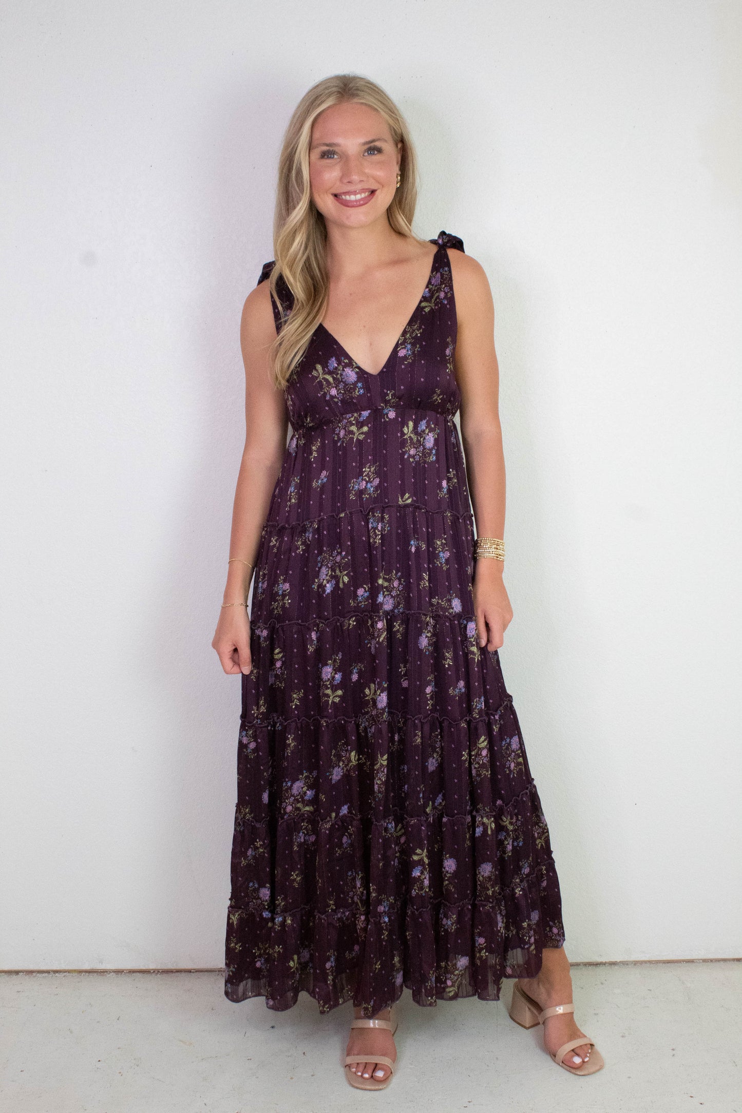  Gigi Tie Strap Printed Maxi Dress, Plum Multi Floral
